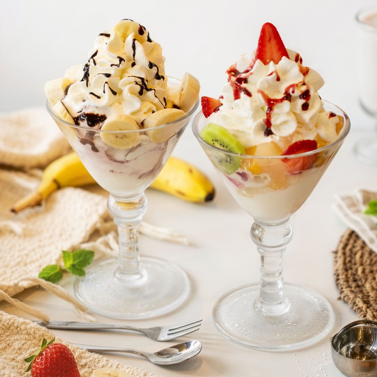 Eisbecher-Duo mit Banane & Erdbeere