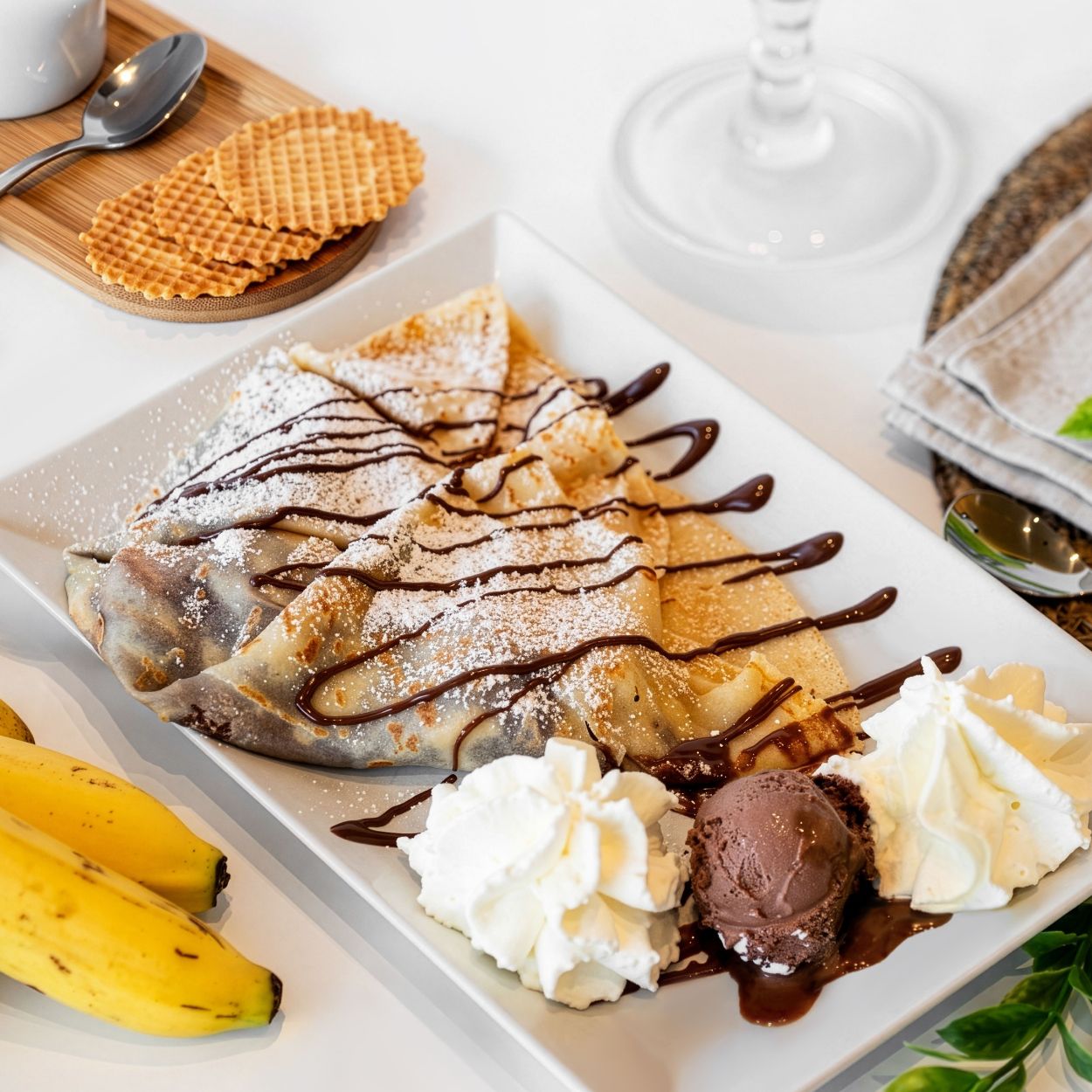 Crêpe mit Schokolade, Sahne & Eis